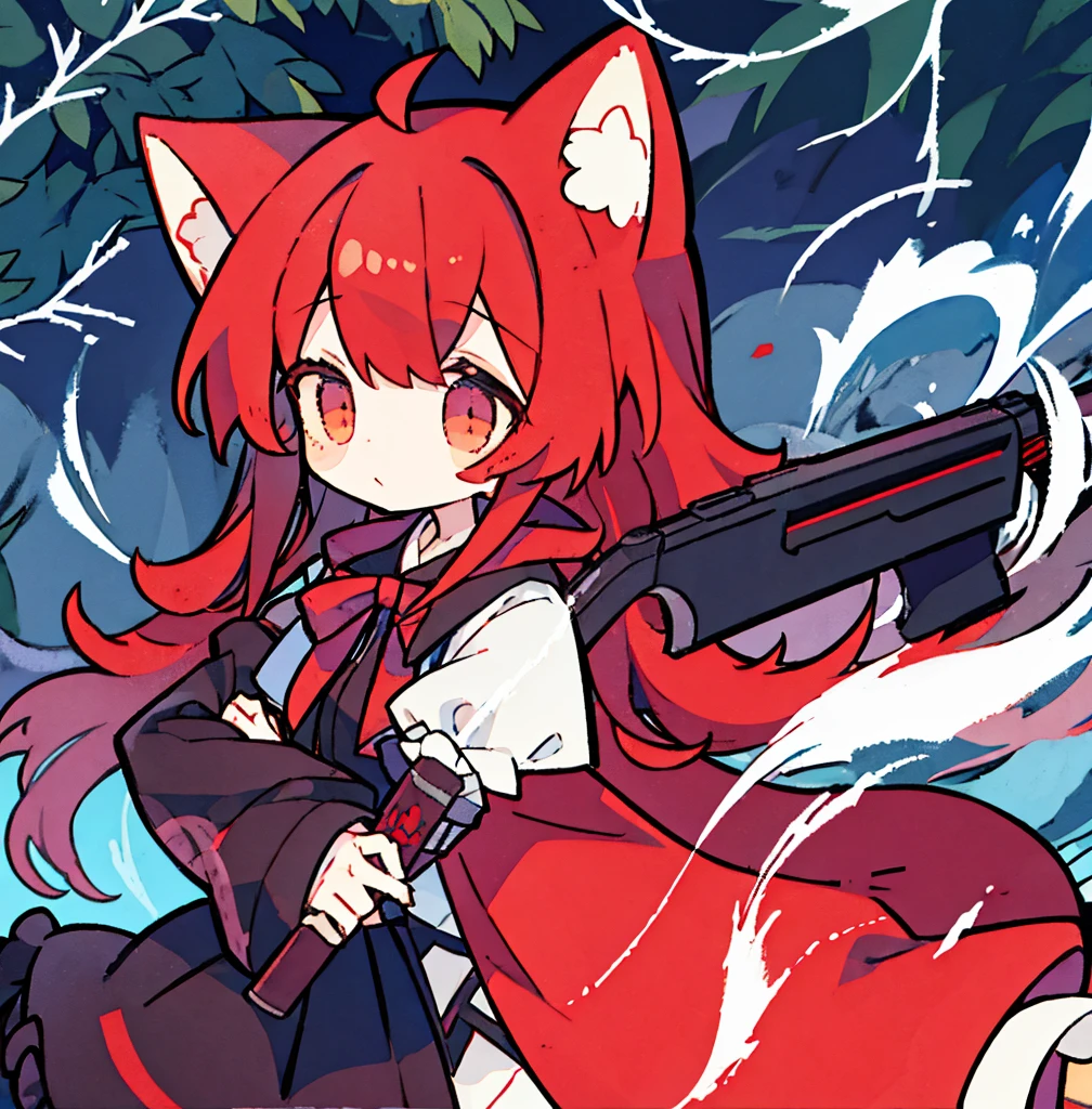 tegaki chibi girl Solo red hood girl wolf ears in the forest gothic ****ta from side holding rifle