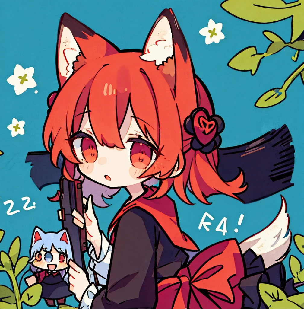 tegaki chibi girl Solo red hood girl wolf ears in the forest gothic lolita from side holding rifle