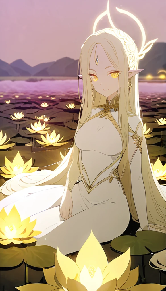 1woman, elven ears, light god, light blonde hair, longest hairstyle, glowing yellow eyes, sat on lotus fields, thai style, elegant, traditional thai white dress,