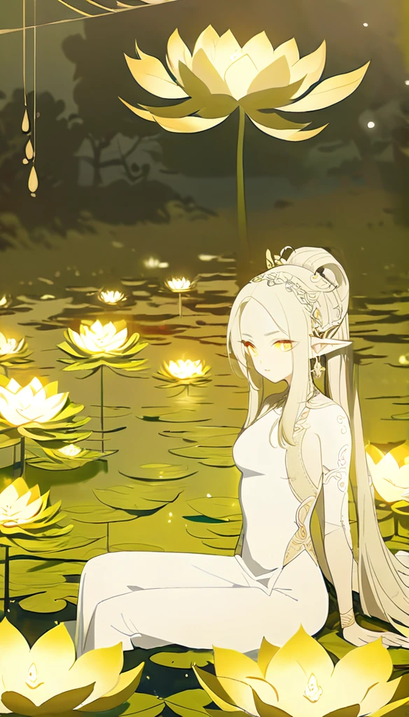 1woman, elven ears, light god, light blonde hair, longest hairstyle, glowing yellow eyes, sat on lotus fields, thai style, elegant, traditional thai white dress,