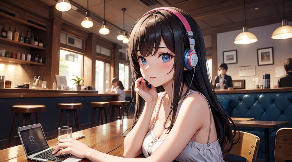 Girl with headphones enjoying music in a cafe　I am studying　Emphasize a little bit of the chest