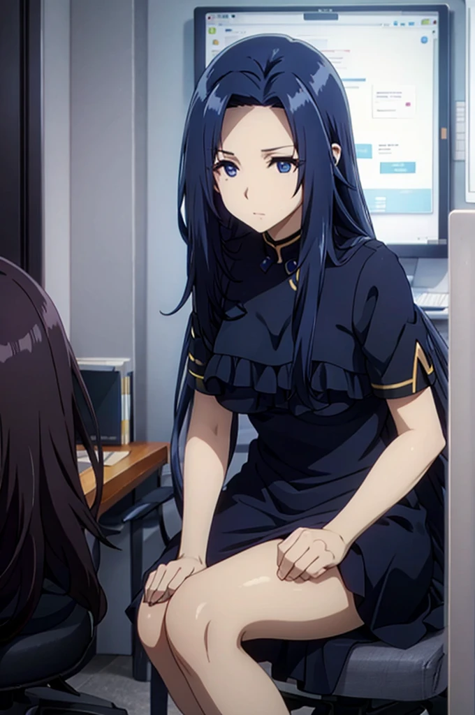 blue hair,,long hair,blue eyes,dark dress,in the office,
