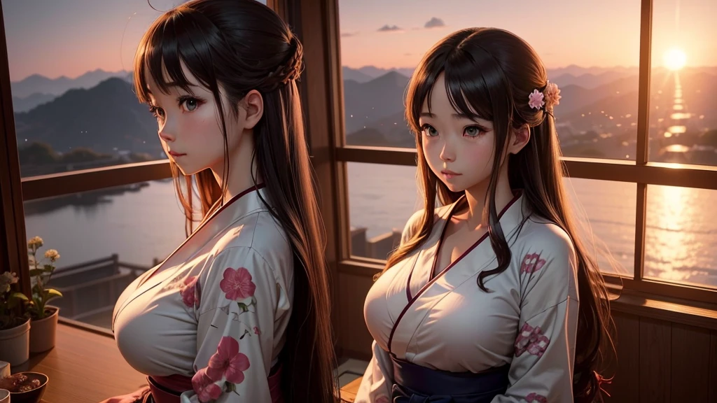 anime、Cinematic、A beautiful girl with long hair and big breasts wearing a yukata、Looking out the window at the sunset。The room is a Japanese-style room.、It creates a calm and peaceful atmosphere。The images are of high quality and highly detailed.、I can see the scenery outside the window。