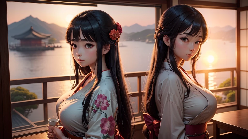 anime、Cinematic、A beautiful girl with long hair and big breasts wearing a yukata、Looking out the window at the sunset。The room is a Japanese-style room.、It creates a calm and peaceful atmosphere。The images are of high quality and highly detailed.、I can see the scenery outside the window。