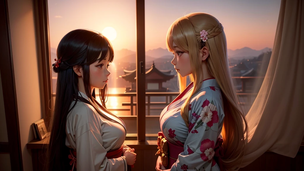 anime、Cinematic、A beautiful girl with long hair and big breasts wearing a yukata、Looking out the window at the sunset。The room is a Japanese-style room.、It creates a calm and peaceful atmosphere。The images are of high quality and highly detailed.、I can see the scenery outside the window。