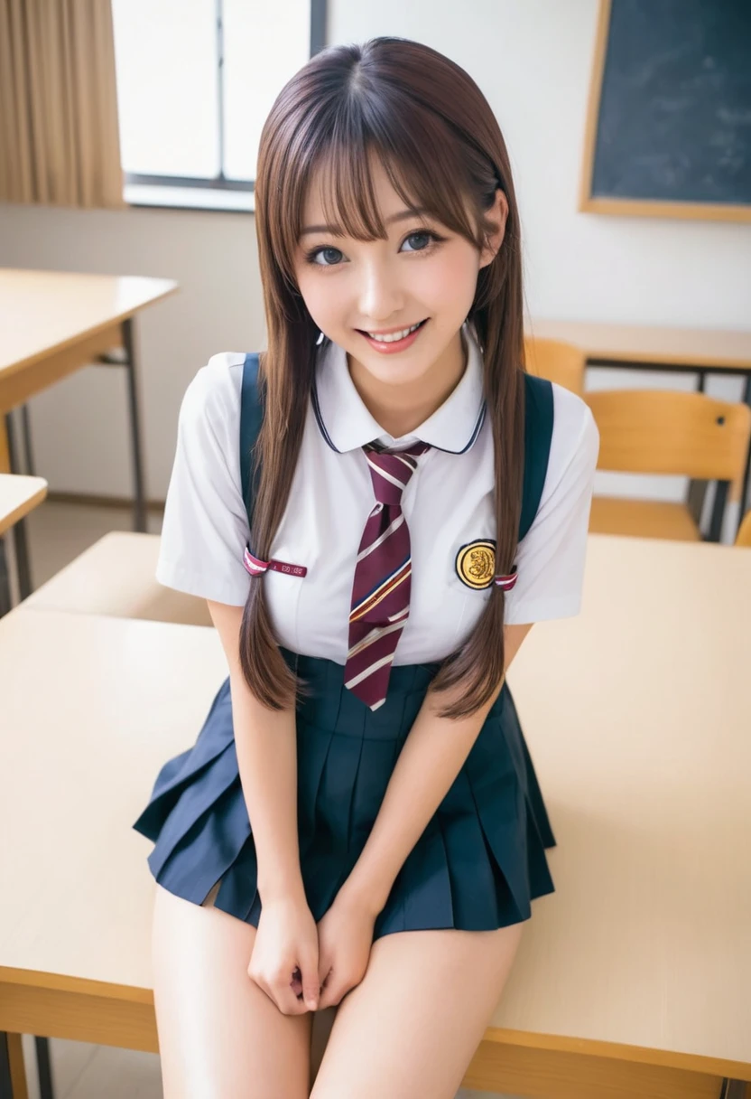 Young beautiful smiling woman in school uniform　She has her legs open and a dildo is being inserted into her vagina　Super big breasts　Big Tits　Hair color: Brown　Short twin tail hairstyle　Japanese　Low - Angle　Puffy nipples