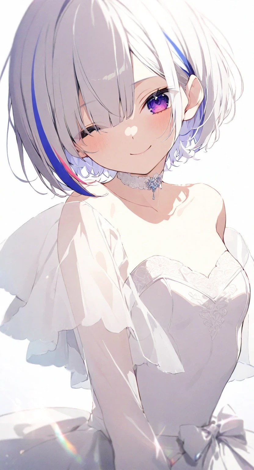 (masterpiece), (best quality), perfect face, beautiful girl, white background background, delicate and beautiful face and eyes, dark intense shadow,
1 girl, vtuber style, cool girl, hololive,amane kanata, streaked hair, short hair, Wedding dress, small chest, cropped shoulders, clavicle, one eye close winking, smile, body visible through clothes, chest visible through clothes, (full body), looking at viewer, standing,