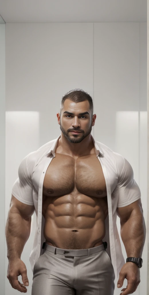 1boy, European, solo, facial hair,34 yrs old, dom, male focus, bald head, bara, muscular, mature male, muscular male, beard, short hair, thick eyebrows, fair-skinned male, thighs, fancy suit, dark skin, tie, tight white shirt, tight pants, open jacket, grey business suit, cop agent uniform, feet out of frame, thick thighs, looking at viewer, masterpiece, 4k, high quality, highres, absurdres,