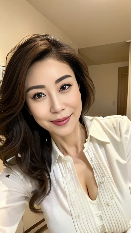 最high quality, 8K, Vibrant, Sharp focus, high quality, High resolution, Middle-aged women, Mature Woman, 49 years old, (Esbian all over), (Facial details in high heels, Highly detailed eyes, Thick lips, Plump figure、Plump face、((Big Tits 1.6))、((On a white blouse))、Navy blue tight skirt、Love hotel room、Random hairstyle、A kind smile、