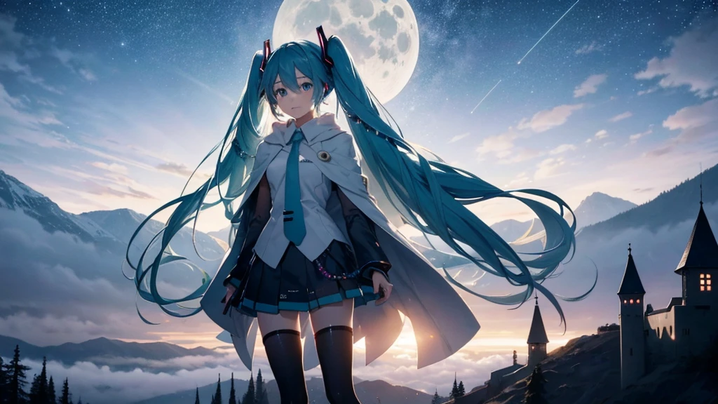 Set against the backdrop of an adventurous fantasy world、This is an image of Hatsune Miku.。She wears a mysterious cloak。The surroundings are shrouded in fog、In the distance you can see the silhouette of an ancient castle。The sky is a starry night、The moon casts a magical light over the forest.。