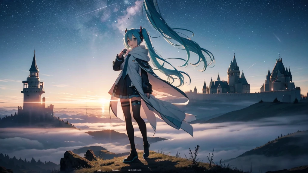 Set against the backdrop of an adventurous fantasy world、This is an image of Hatsune Miku.。She wears a mysterious cloak。The surroundings are shrouded in fog、In the distance you can see the silhouette of an ancient castle。The sky is a starry night、The moon casts a magical light over the forest.。