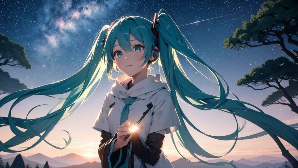 Set against the backdrop of an adventurous fantasy world、This is an image of Hatsune Miku.。She wears a mysterious cloak。The surroundings are shrouded in fog、In the distance you can see the silhouette of an ancient castle。The sky is a starry night、The moon casts a magical light over the forest.。
