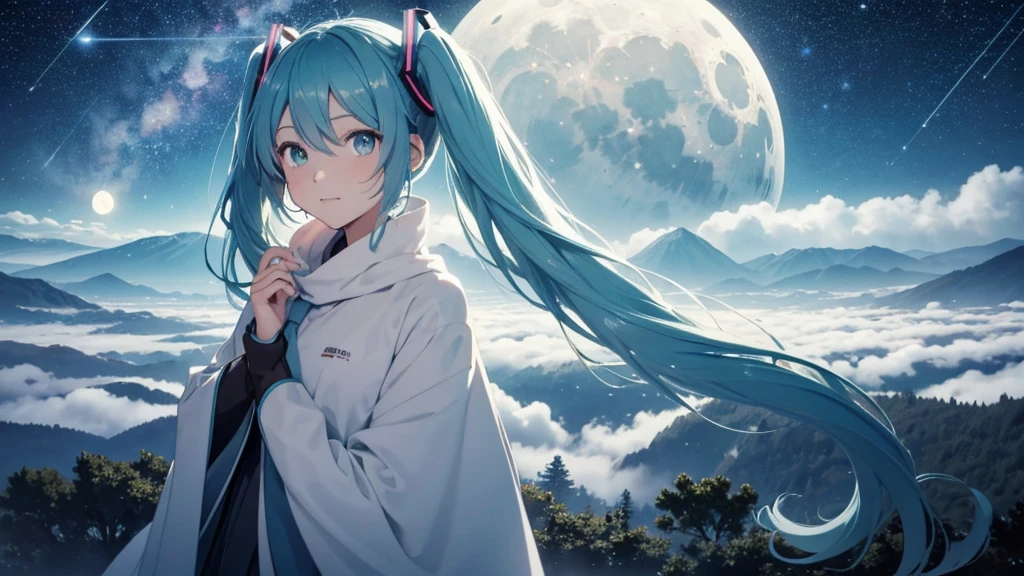 Set against the backdrop of an adventurous fantasy world、This is an image of Hatsune Miku.。She wears a mysterious cloak。The surroundings are shrouded in fog、In the distance you can see the silhouette of an ancient castle。The sky is a starry night、The moon casts a magical light over the forest.。