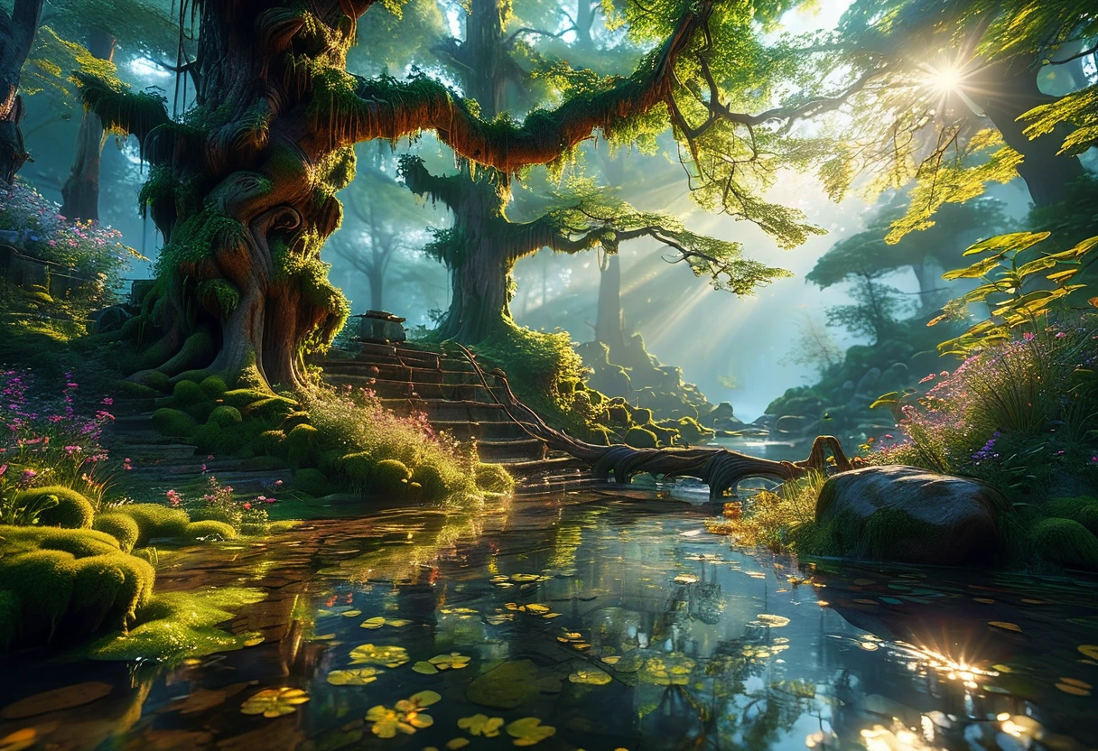 Create a stunning scene of an enchanted forest at dusk, Highly detailed digital art rendered in 4K and 8K resolution, Uses of Octane、Inspired by Studio Ghibli style. This concept art is sure to be a masterpiece of official illustration., Combining realism and whimsy、The landscape that achieves the highest quality is the mysterious forest, soft, Golden light of the setting sun. Ancient Tree々, The trunk was thick and gnarled.., Stretch upwards, Forms a dense crown, Leaf ceiling. The forest floor is covered in a carpet of Moss and wildflowers, Vibrant colors that stand out even in dark shadows.In this magical environment, Glowing spheres float and dance, Calm, Mysterious glow. Add a sense of surprise and mystery. The light from the sphere creates complex patterns of light and shadow.., Enhances the magical atmosphere of the forest.Small clearings are scattered throughout the forest..、Ancient stone ruins remain。, covered in vines and Moss. These ruins hint at a forgotten civilization, Add a layer of intrigue and history to the scene. A delicate stream of water flowing through the forest, The surface glitters in the fading light...This composition is、Ancient Tree々It captures the interplay between the grandeur of the landscape and the delicate details of the plants and glowing spheres.。Octane rendering emphasizes bark texture, Moss, And ruins, An enchanted forest brought to life with stunning realism and fantasy.Every element is crafted with the utmost care, From intricate leaves to mysterious glowing spheres, Digital art that creates vibrant and immersive experiences
