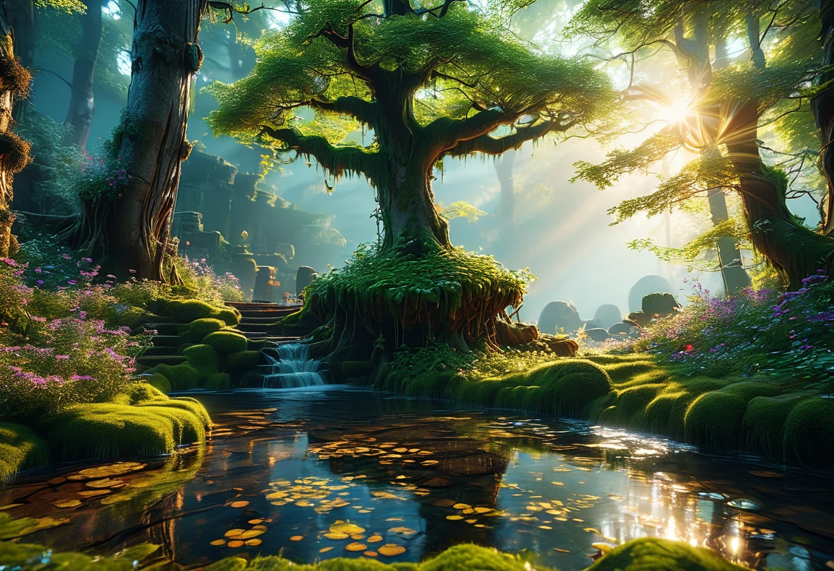 Create a stunning scene of an enchanted forest at dusk, Highly detailed digital art rendered in 4K and 8K resolution, Uses of Octane、Inspired by Studio Ghibli style. This concept art is sure to be a masterpiece of official illustration., Combining realism and whimsy、The landscape that achieves the highest quality is the mysterious forest, soft, Golden light of the setting sun. Ancient Tree々, The trunk was thick and gnarled.., Stretch upwards, Forms a dense crown, Leaf ceiling. The forest floor is covered in a carpet of Moss and wildflowers, Vibrant colors that stand out even in dark shadows.In this magical environment, Glowing spheres float and dance, Calm, Mysterious glow. Add a sense of surprise and mystery. The light from the sphere creates complex patterns of light and shadow.., Enhances the magical atmosphere of the forest.Small clearings are scattered throughout the forest..、Ancient stone ruins remain。, covered in vines and Moss. These ruins hint at a forgotten civilization, Add a layer of intrigue and history to the scene. A delicate stream of water flowing through the forest, The surface glitters in the fading light...This composition is、Ancient Tree々It captures the interplay between the grandeur of the landscape and the delicate details of the plants and glowing spheres.。Octane rendering emphasizes bark texture, Moss, And ruins, An enchanted forest brought to life with stunning realism and fantasy.Every element is crafted with the utmost care, From intricate leaves to mysterious glowing spheres, Digital art that creates vibrant and immersive experiences
