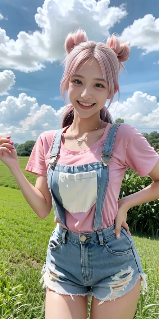 masterpiece,best quality, 1girl,solo,haru urara,overalls,overall shorts,flower-shaped pupils,,pink shirt,holding ice cream,(horse tail:0.6),smile,open mouth,cloudy,