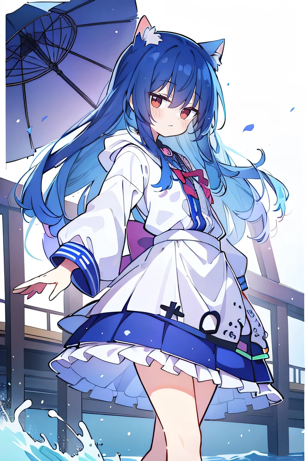 (masterpiece:1.2),Super detailed,lifelike,Expressive eyes,fair skin,perfect face shape,1 girl,
Japanese comics,Gorgeous blue hair,flowing blue hair,flowing clothes,Cat ears,Petals fall,beautiful lola,Baby Angel,sunrise,
Shaking head with one hand,Cross your legs,Gentle and peaceful background,The pavilion is cool and comfortable,smile, wearing hoodie, background of tokyo,back views,snowing, winter,seaside,wet clothes,A smile,A faint smile,。