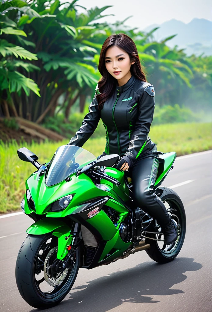 super cool vietnamese girl racer, driving extremely huge gigantic black cool kawasaki ninja super large motorcycle machine, highly excited