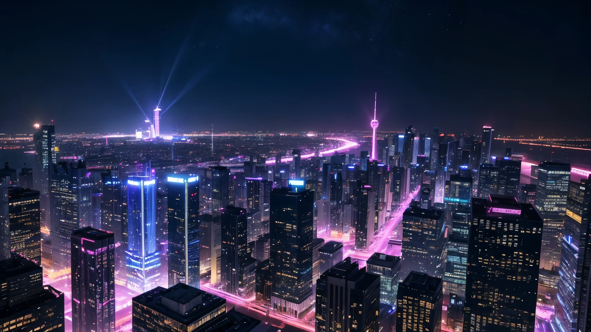 Fictional cities, Near future , cyber-, night, View from the roof of the building, night景, Bright colors,cyber-パンクのまばゆいばかりの街並み, Skyscrapers with bright and vivid colors, Neon Signs,The pink color stands out