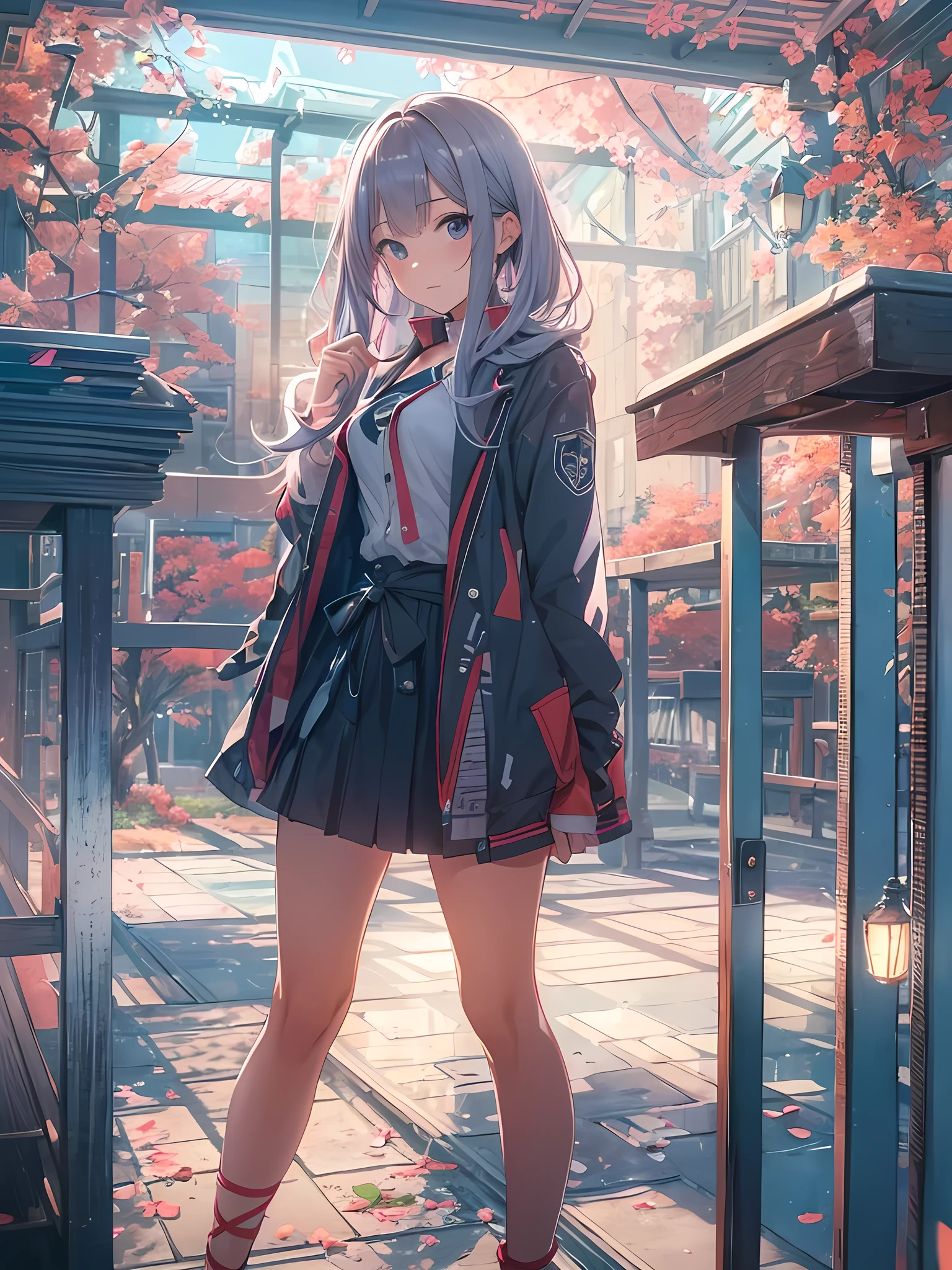 Beautiful young woman, Anime Style, Detailed face, Wearing Japanese high heels , Standing in a tranquil and picturesque school setting, Vivid and attractive lighting, Dynamic pose, Japanese Anime Style, high quality, Very detailed, 8K resolution, Cinema Lighting, 最high quality, Vibrant colors, Instagrammable, beautiful, trend, Hair colors and styles are vibrant and unique