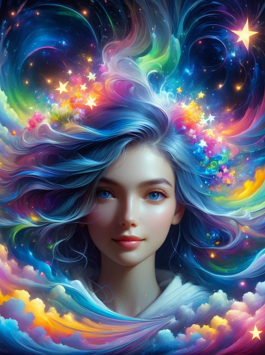 (站在五彩缤纷的北aurora前的女孩: 1.5),((Neon Star, Around flowers,, Expectations, Depth of Field, Insights, clear, Monte, The Milky Way is lush, Translucent clouds, spectrum, panoramic, Interstellar cycles, cycle, Web portals, Large target, aurora, 全球北aurora,天空被美丽的北aurora笼罩)),Vibrant colors,Thick Line,Waves,Multi-layer,prospect、Vision、Fractal Thunder by Dan Mumford,Dammford and Alex Grey Style,Psychedelic surrealist art,Surrealist psychedelic design,dream art style,Optical illusion art,Infinite psychedelic Wavess,Inspired by Cyril Rolando (Cyril Rolando),Real corrugated structure,Psychedelic Art风格,Psychedelic Art,Psychedelic illustration