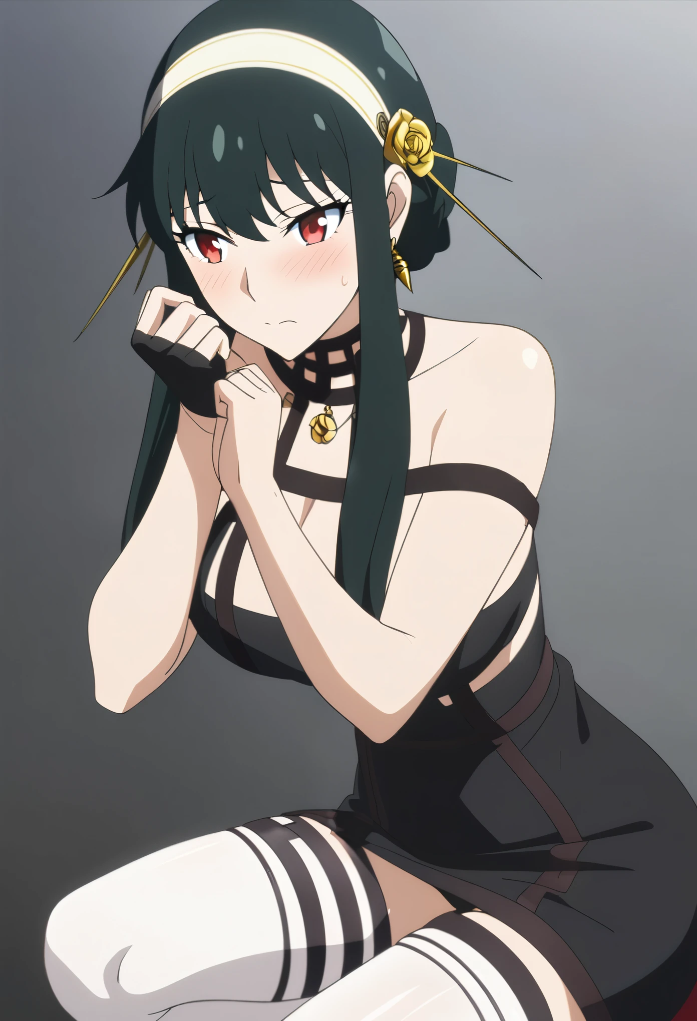 yorbriar，yor briar，Anime female character, sexy, voluptuous, shy expression, long black hair, straight hair, bangs covering part of her forehead, red eyes, gentle gaze, soft look, shy, black tight dress, high slit dress, suspender design, Shiny fabric, revealing, white garter stockings, golden hairpin, black fingerless gloves, simple necklace, thigh strap, dagger or dagger, metallic luster, worn on the waist or in hand, Asian squatting, legs spread, looking at the camera
Background: A simple solid color background (white or gray) that emphasizes character details
Lighting: Highlight body curves, moderate shadows to add depth