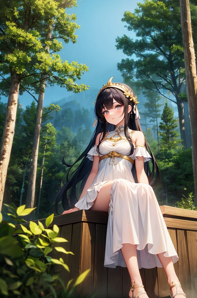 (masterpiece, Highest quality), One girl(Athena_Assamese), Cute Dresses, Long black hair, Sitting, Beautiful outdoor background, night, forest