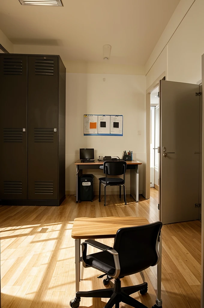 Generate me a very fancy room with lockers and desk in a school