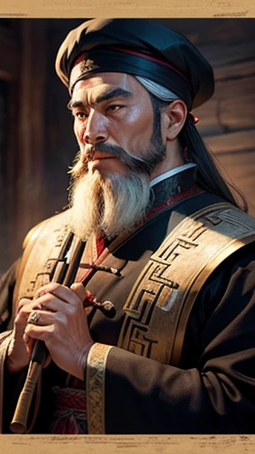 alone、Oriental、Ancient Chinese man in black costume、Hold the brush and show it、Highest quality、masterpiece、Ultra-high resolution、(Realistic:1.4)、Game Poster、Crisp and beautiful image quality、（Handsome bearded man）,Ancient Chinese hairstyle with a large plain white beret that loosely covers the head like a turban、