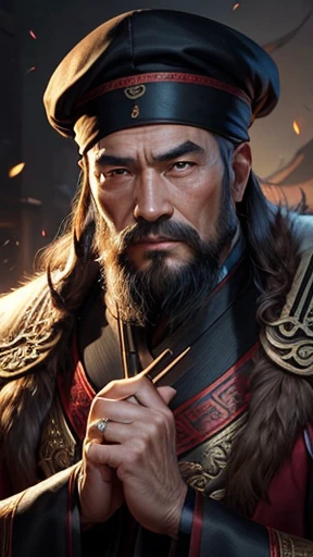 alone、Oriental、Ancient Chinese man in black costume、Hold the brush and show it、Highest quality、masterpiece、Ultra-high resolution、(Realistic:1.4)、Game Poster、Crisp and beautiful image quality、(Handsome bearded man),Ancient Chinese hairstyle with a large plain white beret that loosely covers the head like a turban、
