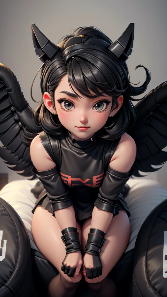 cute girl, black and gray Siphonaptera chibi, bright eyes with cute anime-style expressions, jumping on a mattress ("MSX" written on the head), retro style clothes with pixel art motifs, happy, playful, in a library , writing