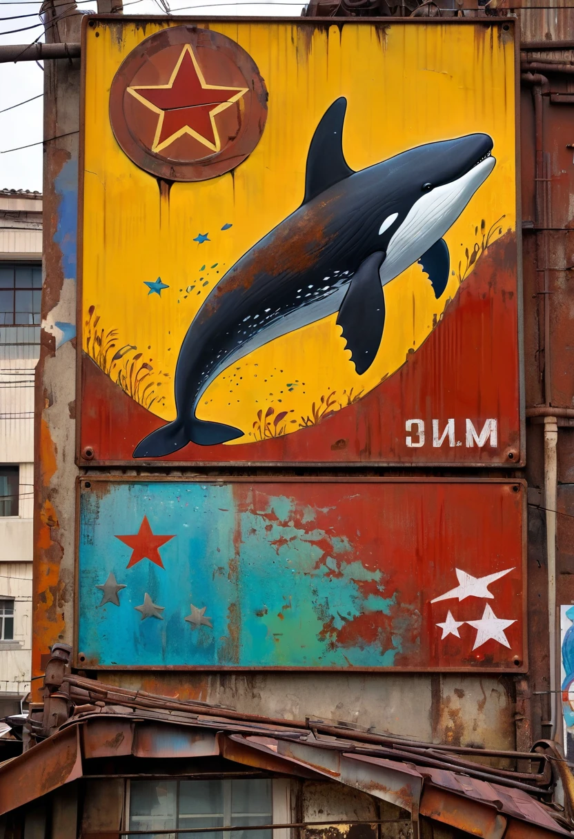 simple decorative rusty metal sign with a drawing of an 1killer whale and a 1communist star, artwork inspired by Dave McKean, vivid colors, intricate details, oil painting.