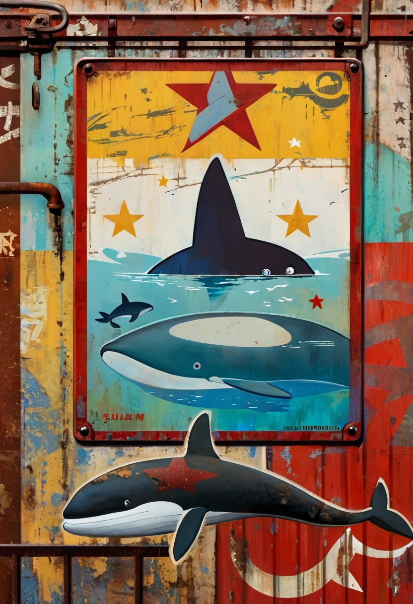 simple decorative rusty metal sign with a drawing of an 1killer whale and a 1communist star, artwork inspired by Dave McKean, vivid colors, intricate details, oil painting.

