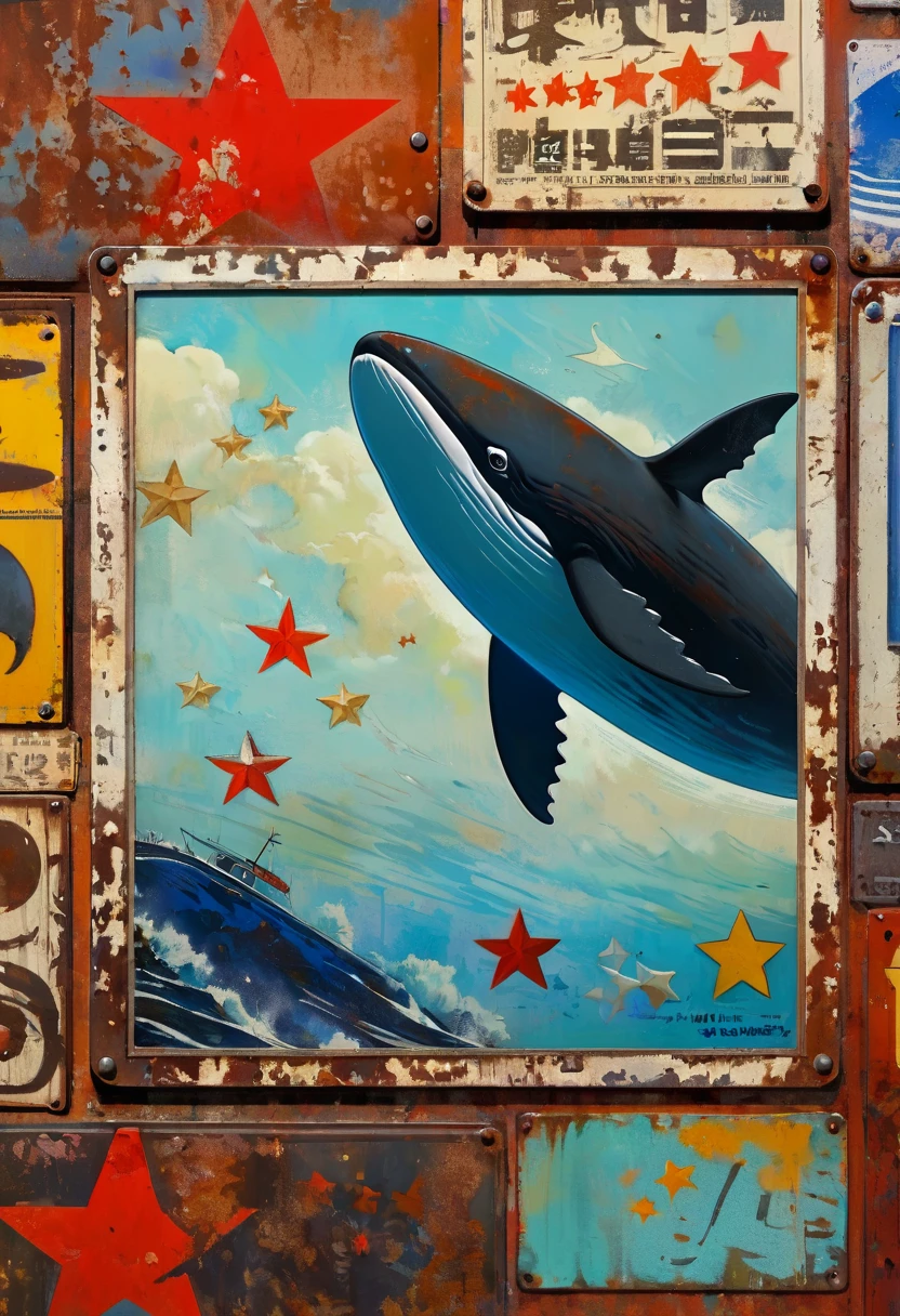 simple decorative rusty metal sign with a drawing of an 1killer whale and a 1communist star, artwork inspired by Dave McKean, vivid colors, intricate details, oil painting.