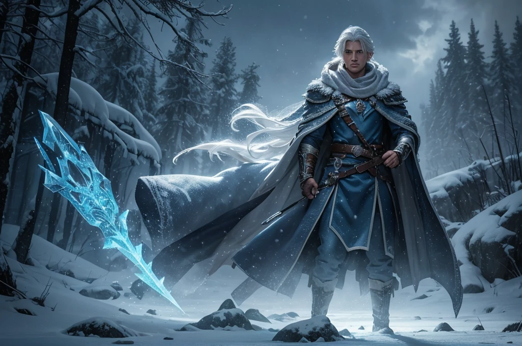 A young and handsome man, mage, white hair, blue eyes, adventurer, in a snowy place, alchemist's clothes, (best quality,4k,8k,highres,masterpiece:1.2),ultra-detailed,(realistic,photorealistic,photo-realistic:1.37),detailed face, beautiful detailed eyes, beautiful detailed lips, extremely detailed eyes and face, long eyelashes, full body, fantasy, magical, cold atmosphere, icy landscape, snow, winter, alchemy, mystical, cinematic lighting, dramatic lighting, moody lighting, vibrant colors, ethereal