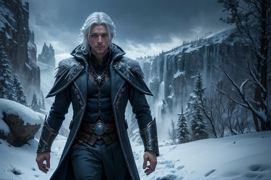A young and handsome man, mage, white hair, blue eyes, adventurer, in a snowy place, alchemist's clothes, (best quality,4k,8k,highres,masterpiece:1.2),ultra-detailed,(realistic,photorealistic,photo-realistic:1.37),detailed face, beautiful detailed eyes, beautiful detailed lips, extremely detailed eyes and face, long eyelashes, full body, fantasy, magical, cold atmosphere, icy landscape, snow, winter, alchemy, mystical, cinematic lighting, dramatic lighting, moody lighting, vibrant colors, ethereal