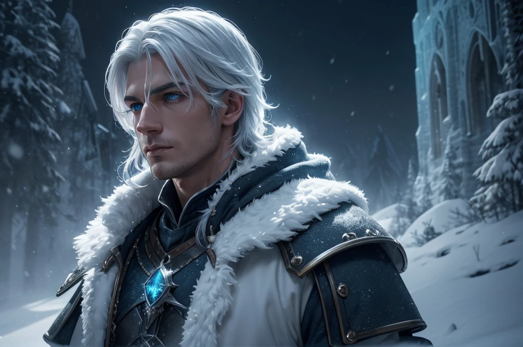 A young and handsome man, mage, white hair, blue eyes, adventurer, in a snowy place, alchemist's clothes, (best quality,4k,8k,highres,masterpiece:1.2),ultra-detailed,(realistic,photorealistic,photo-realistic:1.37),detailed face, beautiful detailed eyes, beautiful detailed lips, extremely detailed eyes and face, long eyelashes, full body, fantasy, magical, cold atmosphere, icy landscape, snow, winter, alchemy, mystical, cinematic lighting, dramatic lighting, moody lighting, vibrant colors, ethereal