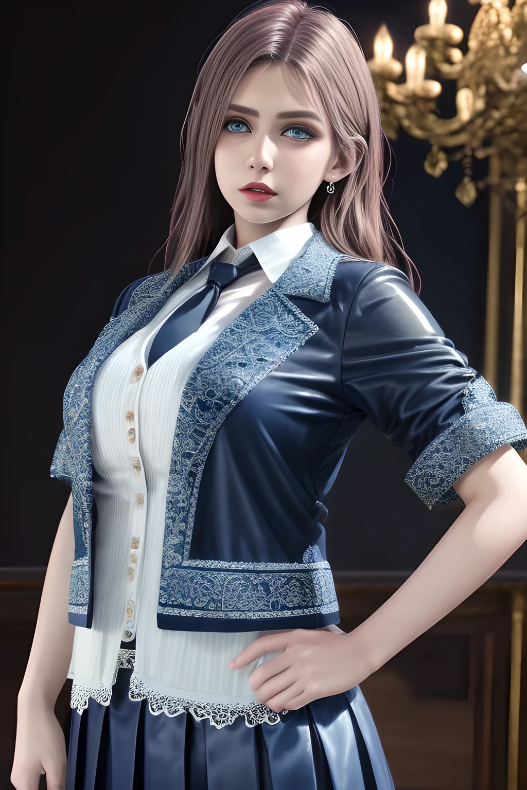 1girl,The upper body is a dark blue short-sleeved suit jacket, paired with a white shirt and a black tie. The jacket is decorated with white stripes, which adds a sense of fashion and layering. The lower body is a dark blue skirt that matches the jacket, ,beautiful detailed eyes, beautiful detailed lips, extremely detailed eyes and face, long eyelashes, best quality, 4k, 8k, highres, masterpiece, ultra-detailed, realistic, photorealistic, photo-realistic, ethereal glow, regal elegance, intricate details, luxurious, otherworldly beauty, dark atmospheric background, supernatural aura, elise,