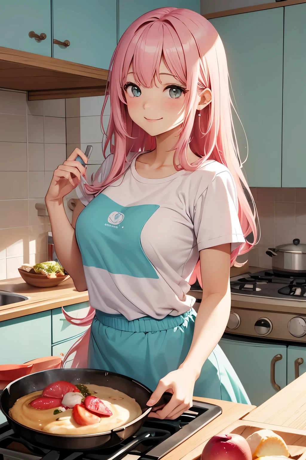 a cute girl smile with pink and long hair, breast, full body, Wearing a t-shirt, Cooking breakfast, In the kitchen, In the morning, by style of onii kei, dreamy and romantic, light gray and light amber, jagged edges, light teal and light red, timeless beauty, 8k