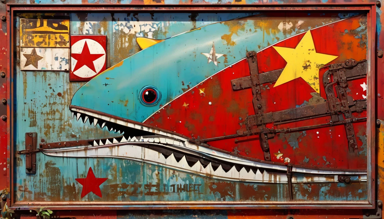 simple decorative rusty metal sign with a drawing of an 1killer whale and a 1communist star, artwork inspired by Dave McKean, vivid colors, intricate details, oil painting.