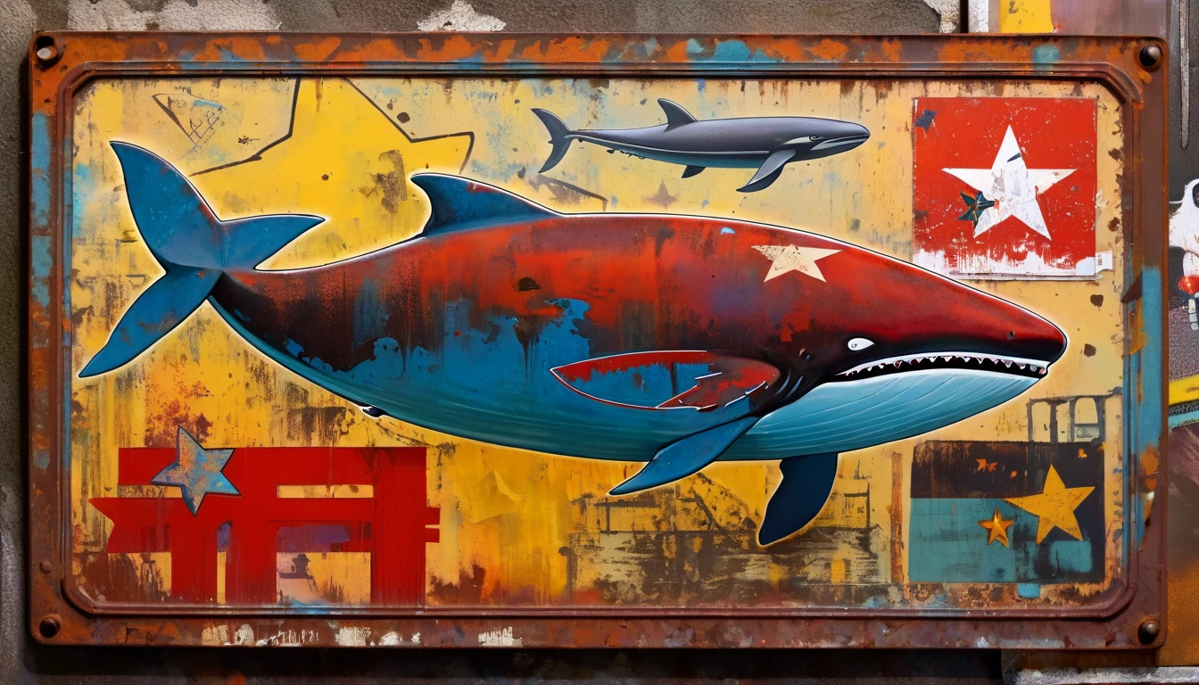 simple decorative rusty metal sign with a drawing of an 1killer whale and a 1communist star, artwork inspired by Dave McKean, vivid colors, intricate details, oil painting.