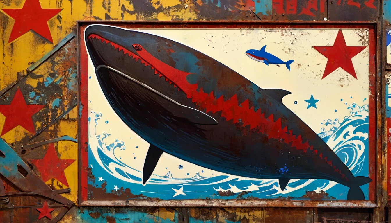 simple decorative rusty metal sign with a drawing of an 1killer whale and a 1communist star, artwork inspired by Dave McKean, vivid colors, intricate details, oil painting.