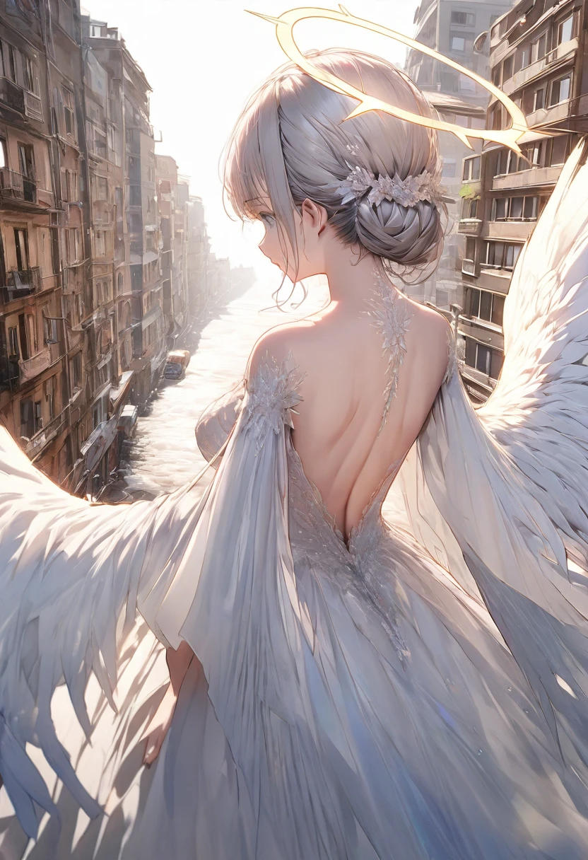A (back view:1.5) of a very beautiful female angel\(long platinum hair, wide-backed white dress,(big beautiful angel wing from her chest),very beautiful shiny halo\), she is spreading her arms wide and gently as if seeking salvation, she is above the clouds looking down on the world below, a fierce war\((so many sparks and fires), missles, battle plane, many buildings collapsing, nature being destroyed, a magnificent andspectacular scenery\) is taking place below the clouds, BREAK ,quality\(8k,wallpaper of extremely detailed CG unit, ​masterpiece,hight resolution,top-quality,top-quality real texture skin,hyper realisitic,increase the resolution,RAW photos,best qualtiy,highly detailed,the wallpaper,cinematic lighting,ray trace,golden ratio\),[nsfw],dynamic angle,[nsfw],from above