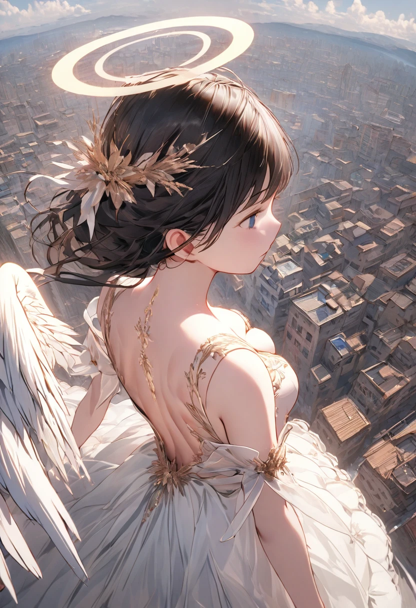 A (back view:1.5) of a very beautiful female angel\(long platinum hair, wide-backed white dress,(big beautiful angel wing from her chest),very beautiful shiny halo\), she is spreading her arms wide and gently as if seeking salvation, she is above the clouds looking down on the world below, a fierce war\((so many sparks and fires), missles, battle plane, many buildings collapsing, nature being destroyed, a magnificent andspectacular scenery\) is taking place below the clouds, BREAK ,quality\(8k,wallpaper of extremely detailed CG unit, ​masterpiece,hight resolution,top-quality,top-quality real texture skin,hyper realisitic,increase the resolution,RAW photos,best qualtiy,highly detailed,the wallpaper,cinematic lighting,ray trace,golden ratio\),[nsfw],dynamic angle,[nsfw],from above