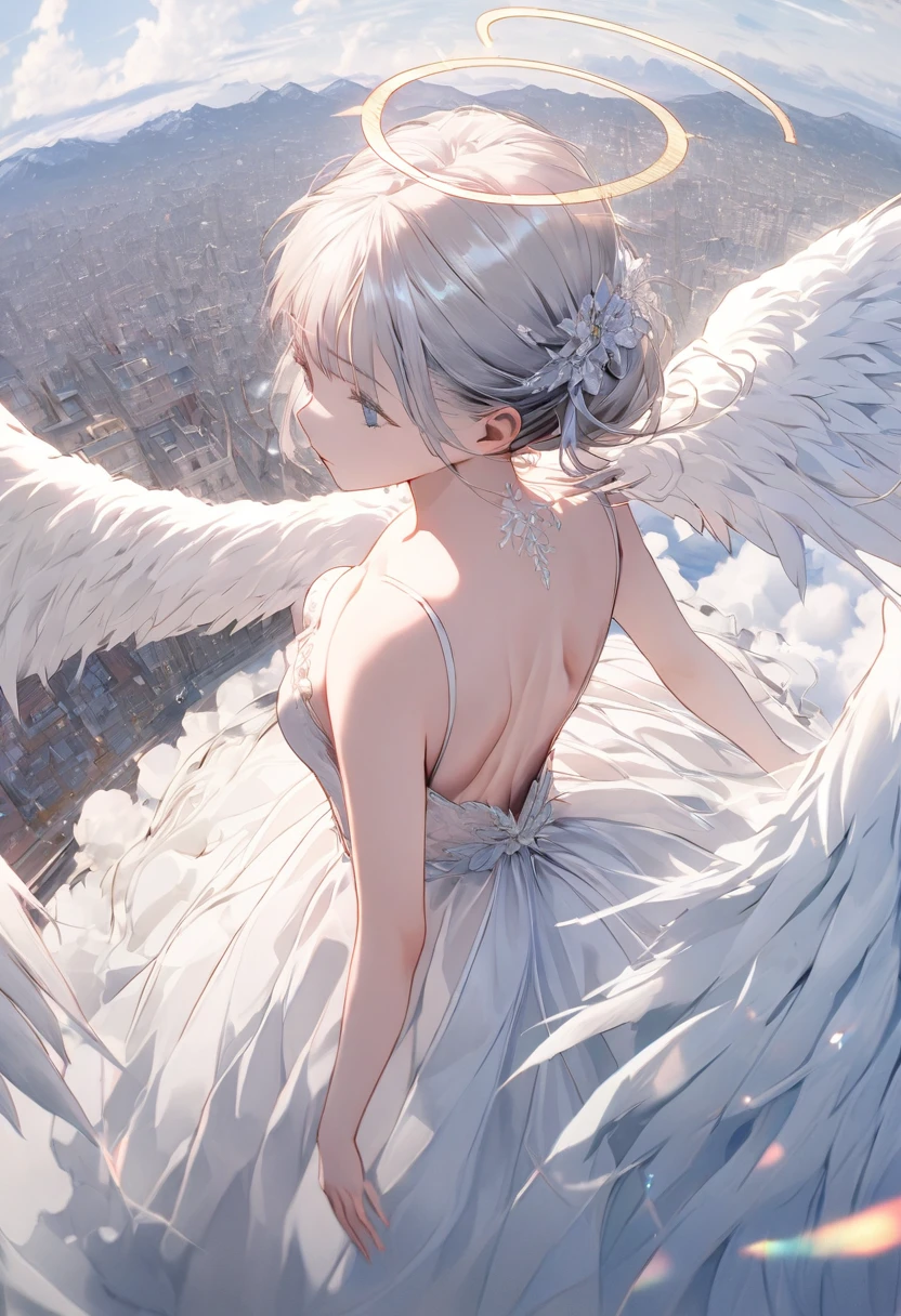 A (back view:1.5) of a very beautiful female angel\(long platinum hair, wide-backed white dress,(big beautiful angel wing from her chest),very beautiful shiny halo\), she is spreading her arms wide and gently as if seeking salvation, she is above the clouds looking down on the world below, a fierce war\((so many sparks and fires), missles, battle plane, many buildings collapsing, nature being destroyed, a magnificent andspectacular scenery\) is taking place below the clouds, BREAK ,quality\(8k,wallpaper of extremely detailed CG unit, ​masterpiece,hight resolution,top-quality,top-quality real texture skin,hyper realisitic,increase the resolution,RAW photos,best qualtiy,highly detailed,the wallpaper,cinematic lighting,ray trace,golden ratio\),[nsfw],dynamic angle,[nsfw],from above
