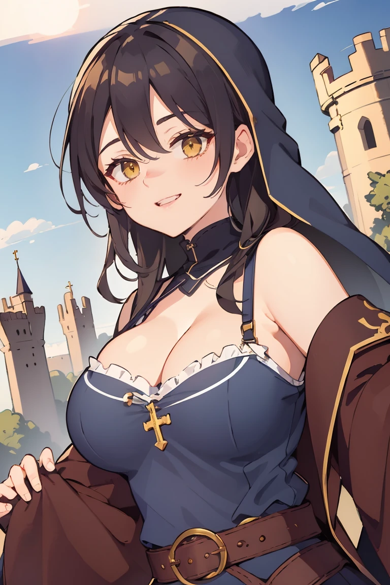 masterpiece, mischievous smile, light blush, looking at viewer, huge breasts, sexy pose, scEstelle, long twintails, (brown hair: 1.5), hairclip, ascot, purple jacket, (white pleated skirt: 1.5), pantyhose, (open shirt: 1.5), showing breasts, nipples, detailed castle in the background