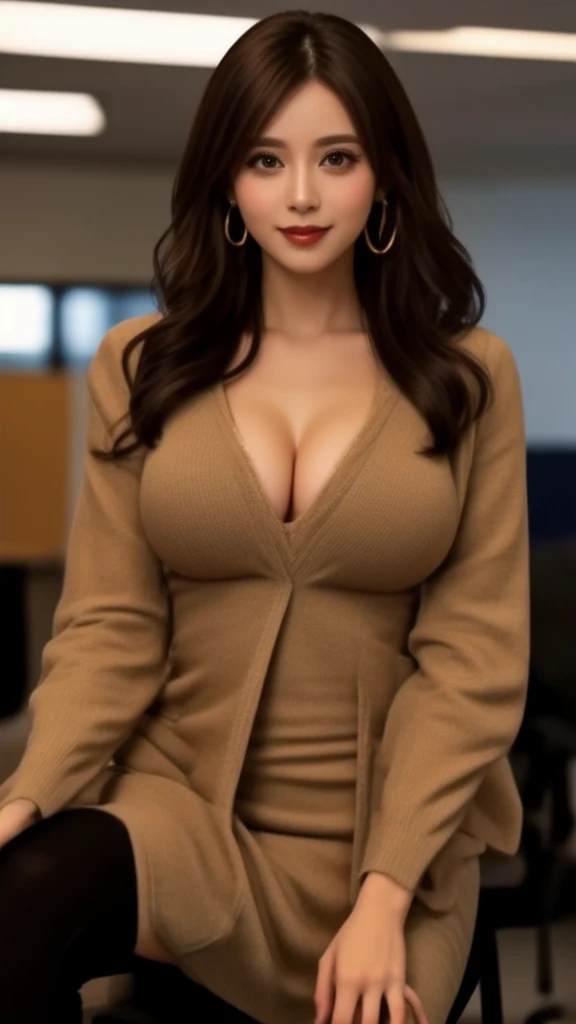 Highest quality、Artwork、In the office、Big Breasts、Japanese、sit cross-legged on a chair、Tight clothing、In a suit、Light makeup、Big eyes、Brown Hair、Wavy long hair、Small gold earrings、idelong glance、Smile
