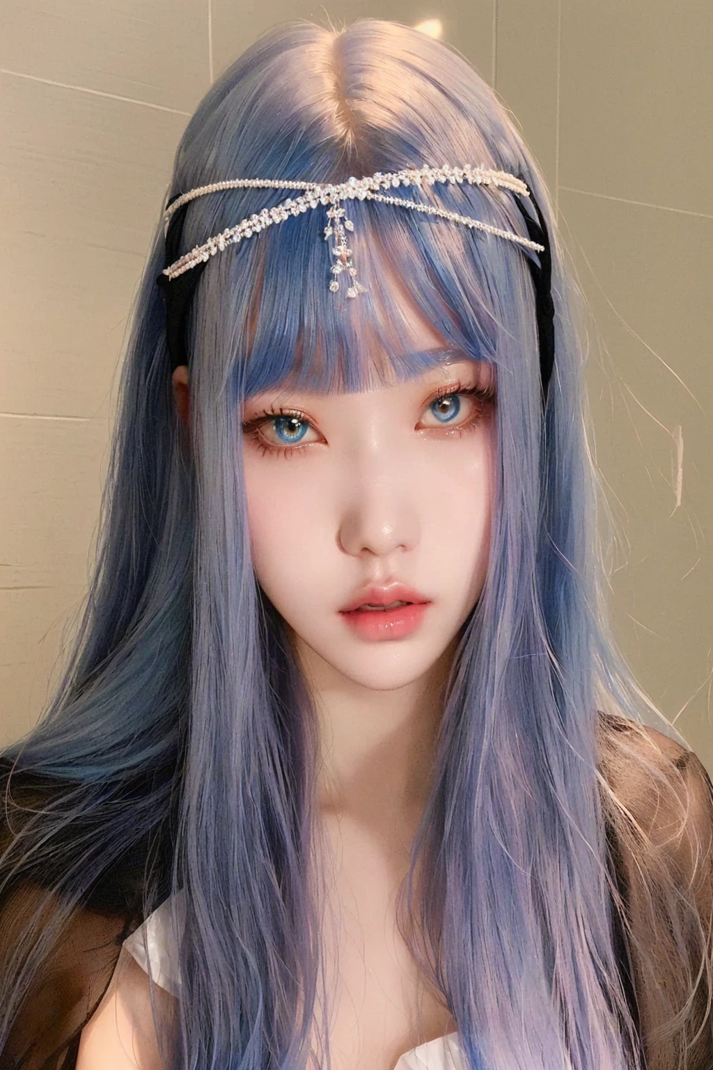 a close-up of a woman with long blue hair wearing a headband, ulzzang, cruel korean goth girl, white hime cut hairstyle, blue hairstyle, with blue hair, with long hair and piercing eyes, the hime cut, with white long hair, sky blue straight hair, kawaii hairstyle, with full bangs, long hair with full bangs, pretty girl with blue hair