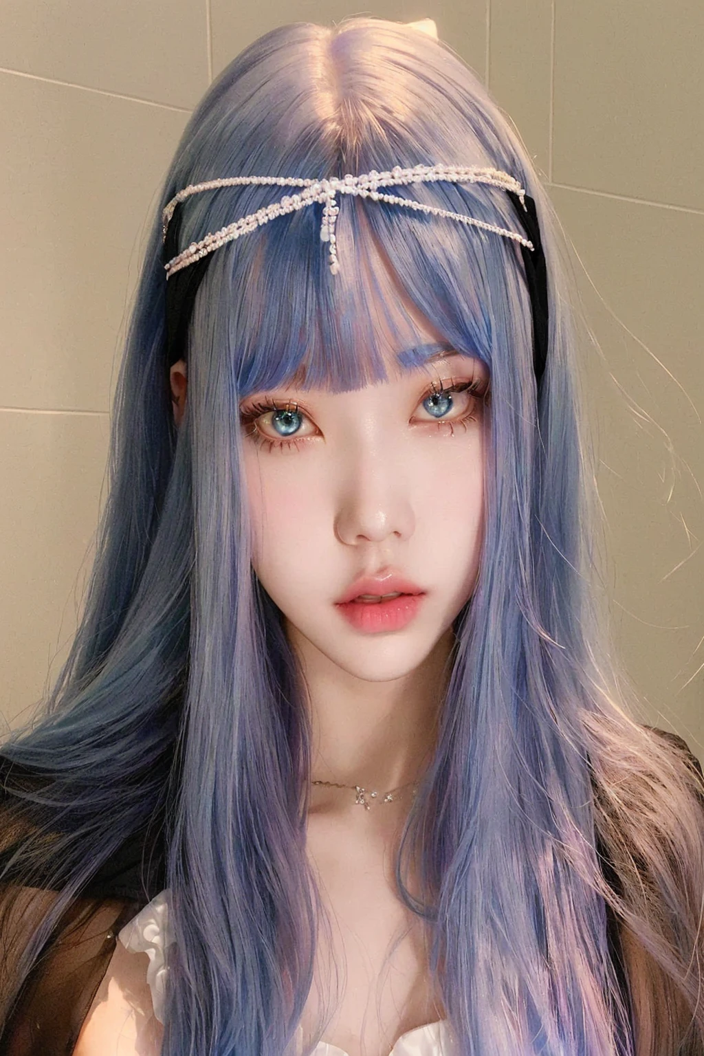 a close-up of a woman with long blue hair wearing a headband, ulzzang, cruel korean goth girl, white hime cut hairstyle, blue hairstyle, with blue hair, with long hair and piercing eyes, the hime cut, with white long hair, sky blue straight hair, kawaii hairstyle, with full bangs, long hair with full bangs, pretty girl with blue hair