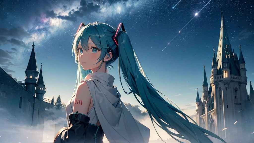 Set against the backdrop of an adventurous fantasy world、This is an image of Hatsune Miku.。She wears a mysterious cloak。The surroundings are shrouded in fog、In the distance you can see the silhouette of an ancient castle。The sky is a starry night、The moon casts a magical light over the forest.。